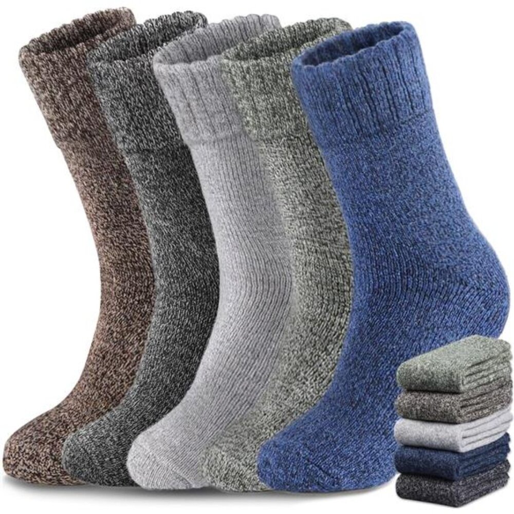 5 Pairs Merino Wool Socks Mens, Thick Warm Winter Socks Hiking Socks Soft Casual